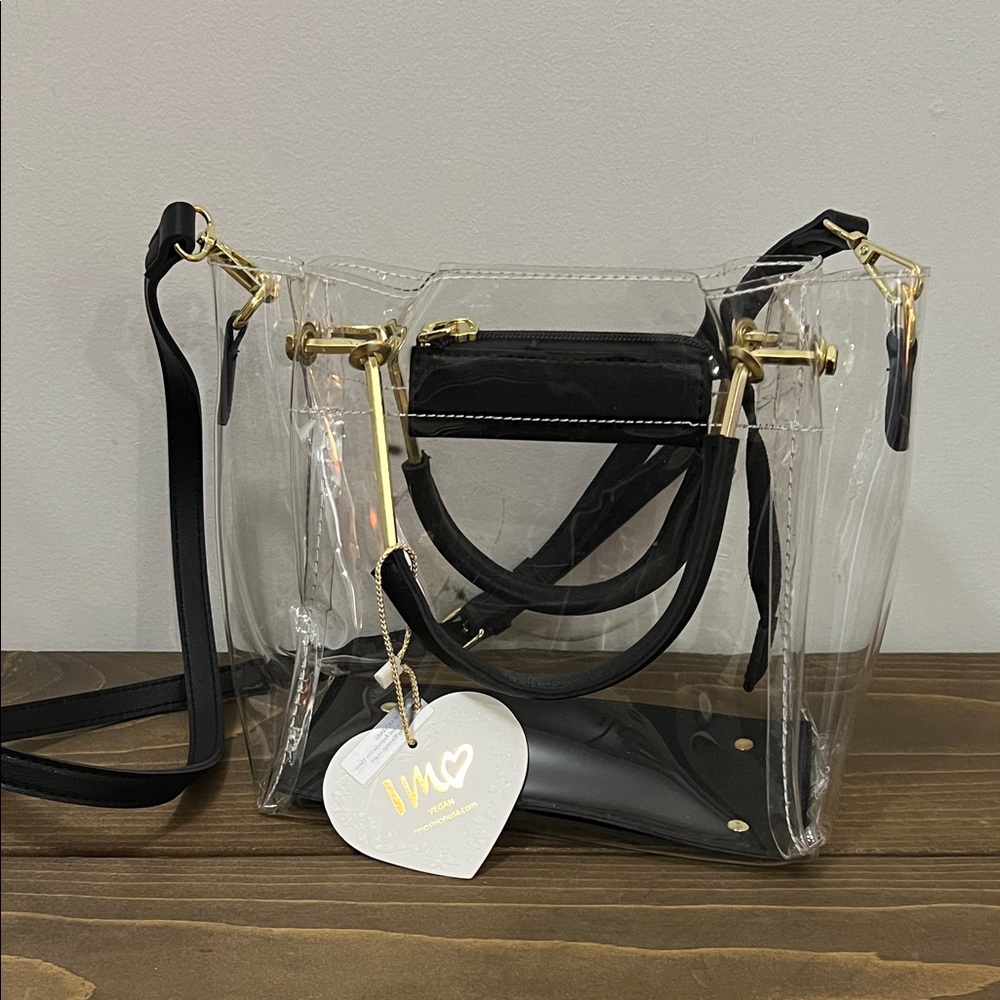 Clear Black Vegan IMO Crossbody Bag with Gold Accents Detachable Strap